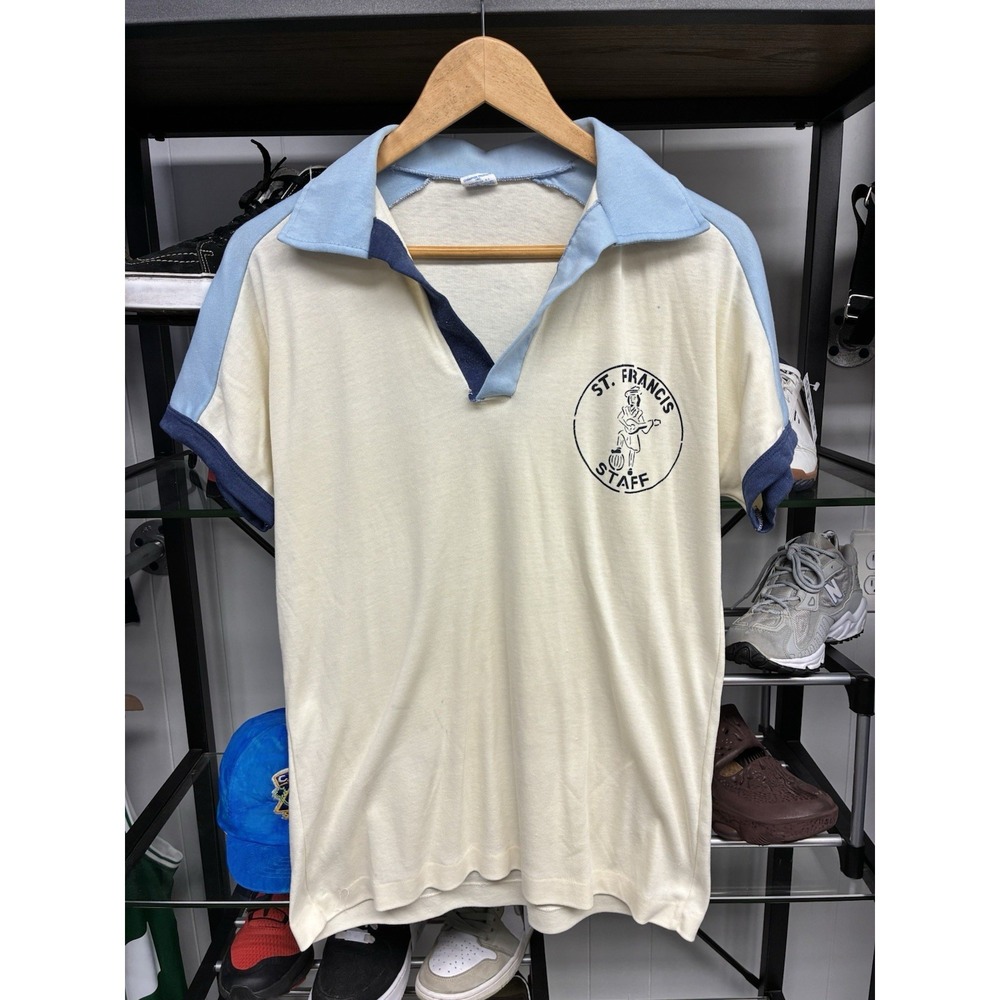 Vintage 1970s Champion Blue Bar St. Francis Staff Color Blocked Polo Size XL